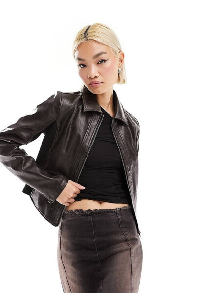 ASOS DESIGN 90s fitted leather look jacket in brown