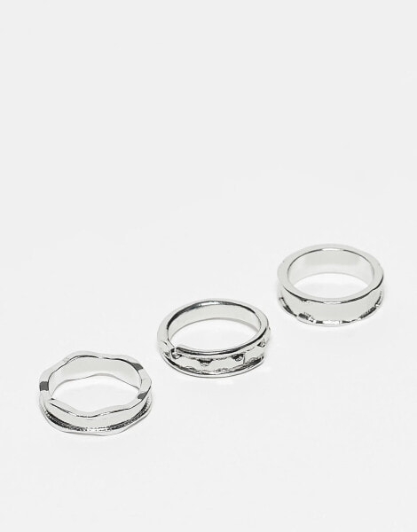 ASOS DESIGN 3 pack ring with molten design in silver tone