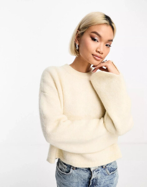 ASOS DESIGN crew neck jumper with wide cuff and split in alpaca blend cream