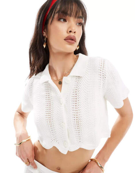 JJXX co-ord cropped crochet button through top in white