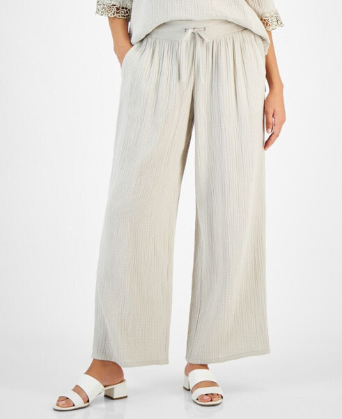 Petite Cotton Gauze Wide-Leg Pants, Created for Macy's