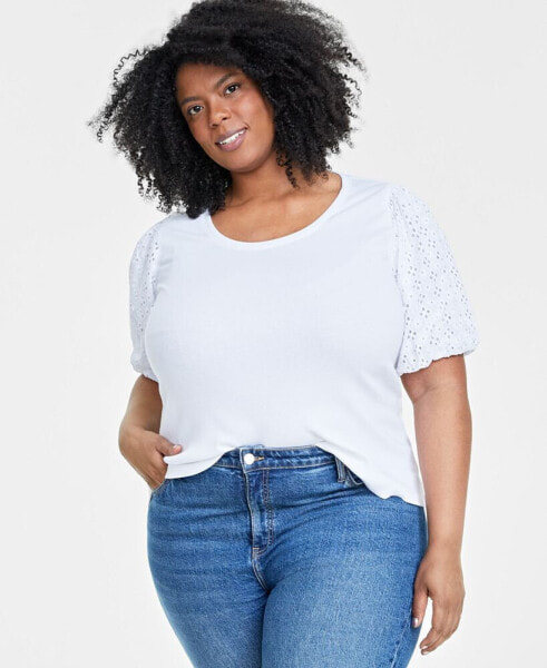 Trendy Plus Size Eyelet Elbow-Sleeve T-Shirt, Created for Macy's
