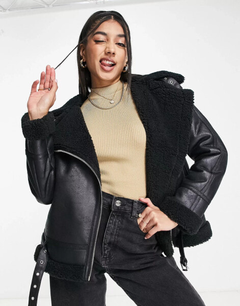 Miss Selfridge longline borg aviator jacket in black