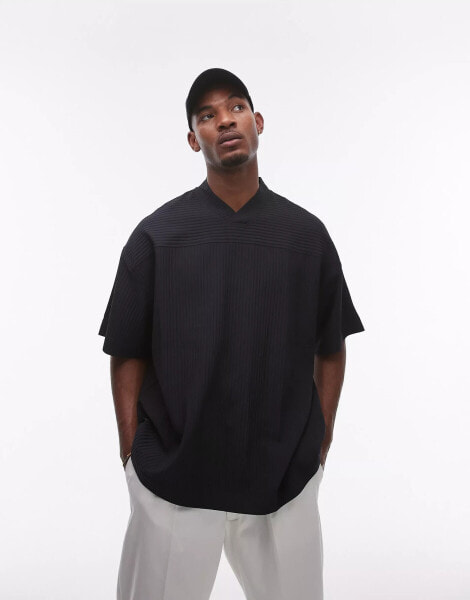 Topman oversized fit v neck plisse t-shirt in black