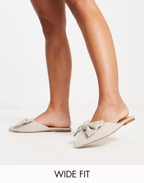 ASOS DESIGN Wide Fit Lass oversized bow pointed flat mules in natural fabrication