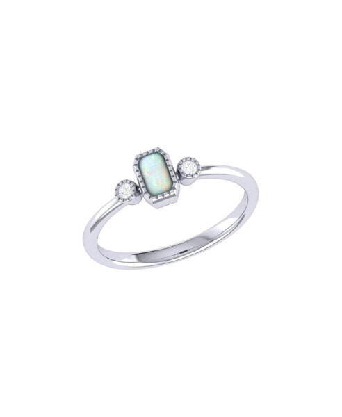 Emerald Cut Opal Gemstone, Natural Diamonds Birthstone Ring in 14K White Gold