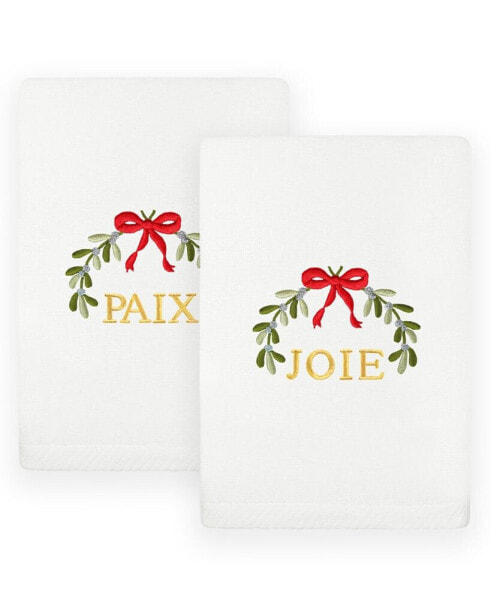 Christmas Mistletoe Paix Joie Embroidered Luxury 100% Turkish Cotton Hand Towels, 2 Piece Set