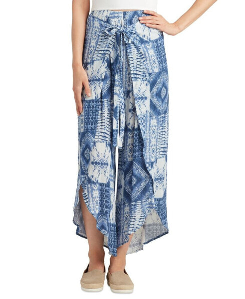 Juniors' Printed Asymmetrical-Cuff Tie-Front Wrap Pants