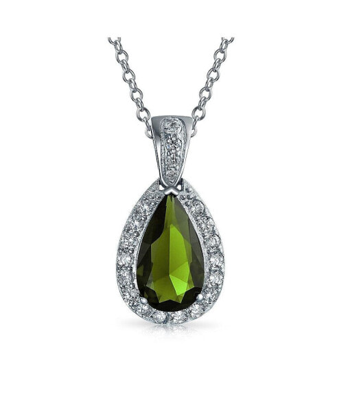 Bling Jewelry classic Bridal Jewelry Pear Shape Solitaire Teardrop Halo AAA 15CT CZ Simulated Green Peridot Pendant Necklace For Women Prom Bridesmaid Wedding Rhodium Plated