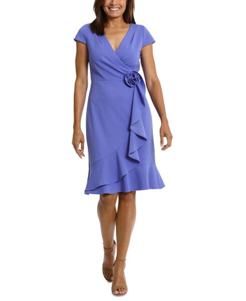 Women's Rosette Flounce Faux-Wrap Dress