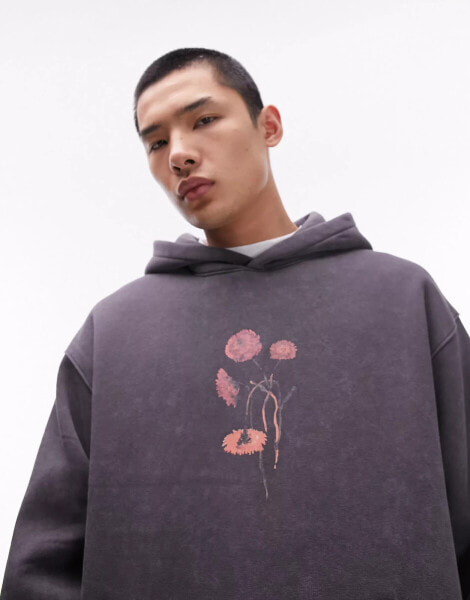 Topman oversized fit hoodie with front and back painted floral print in charcoal