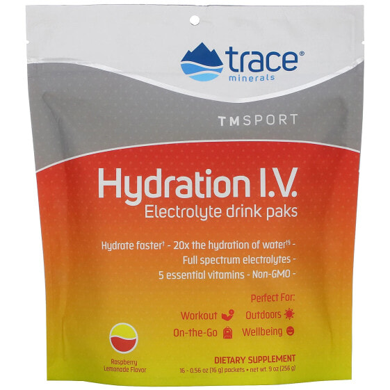 Trace Minerals ®, Hydration IV, Пакеты для напитков с электролитами, малиново-лимонадный вкус, 16 пакетов по 0,56 унции (16 г) каждый