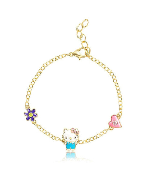 Sanrio and Friends Womens 18kt Gold Plated Bracelet with Flower and Heart Charm Pendants, 6.5 + 1", Officially Licensed