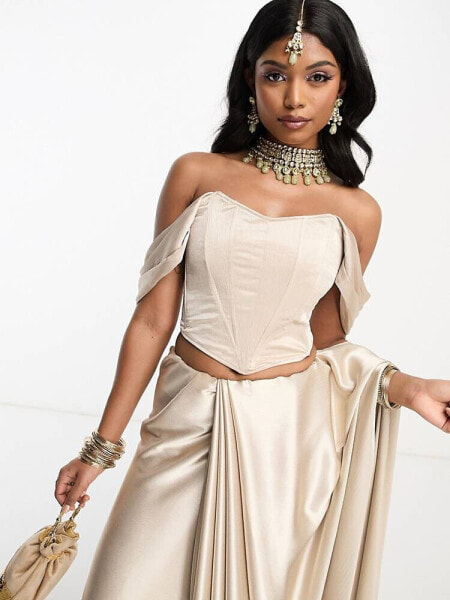 Kanya London Bridesmaid off shoulder structured corset top co-ord in champagne