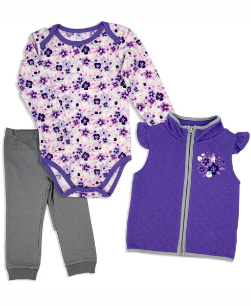 Baby Girls Floral Bodysuit, Pants and Vest, 3 Piece Set