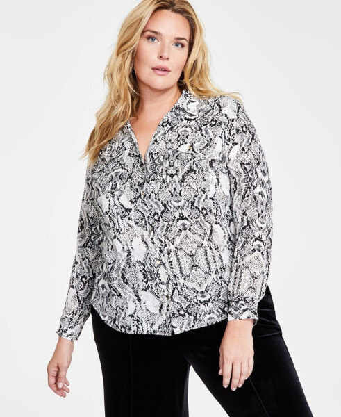 Plus Size Snake-Print Long-Sleeve Blouse, Created for Macy's