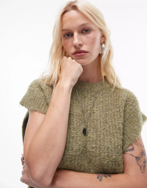 Topshop knitted crew boucle rib off shoulder relaxed vest in green