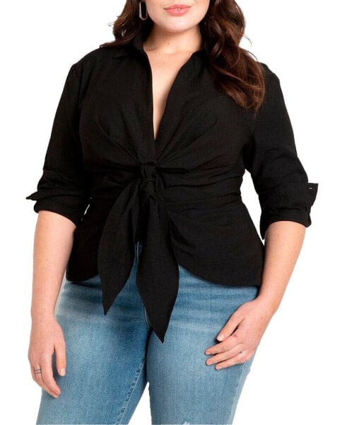 Plus Size Tie Front Collared Blouse - 30, Soft White