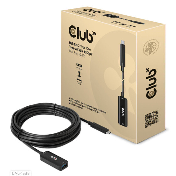 Club 3D USB Gen2 Type-C to Type-A Cable 10Gbps M/F 5m/16.4ft - 5 m - USB C - USB A - USB 3.2 Gen 2 (3.1 Gen 2) - 10000 Mbit/s - Black