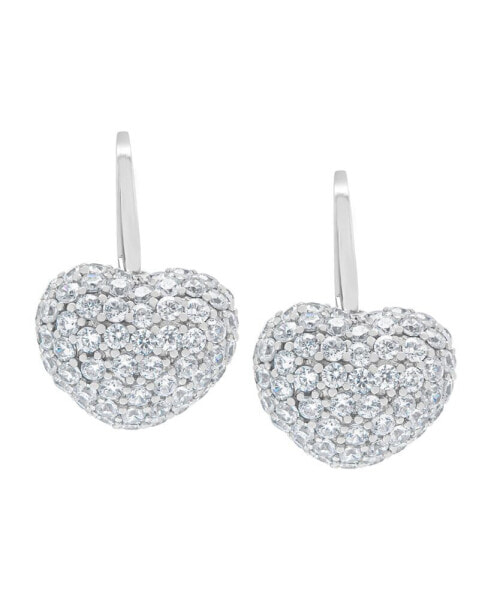 Silver Plated Brass Cubic Zirconia Puffed Heart Shaped Drop Earrings