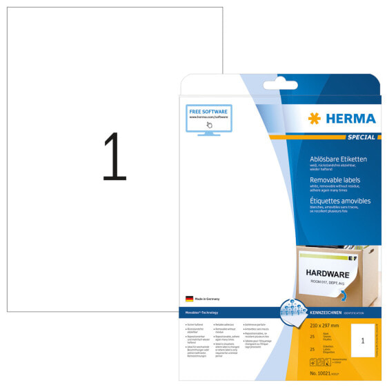 HERMA Removable labels A4 210x297 mm white Movables/removable paper matt 25 pcs. - White - Self-adhesive printer label - A4 - Paper - Laser/Inkjet - Removable