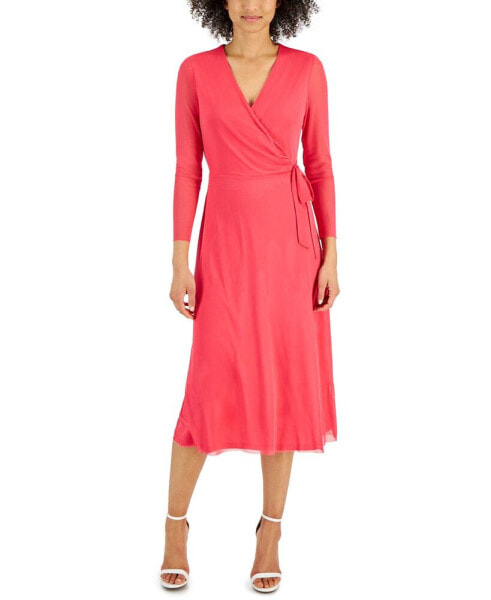 Women's Faux-Wrap Mesh-Sleeve Midi Dress