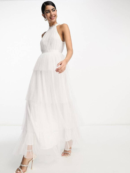 Vila Bridal halterneck tulle midi dress with tiered skirt in white