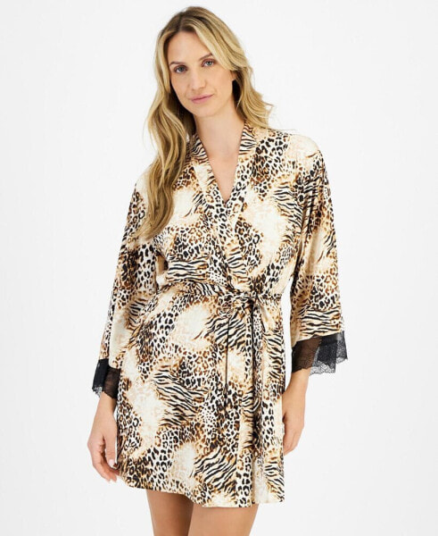 Women's Lace-Trim Animal-Print Stretch Satin Robe, Created for Macy's