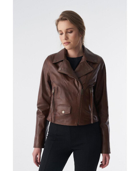 Women's Classic Biker Jacket, Antique Tan