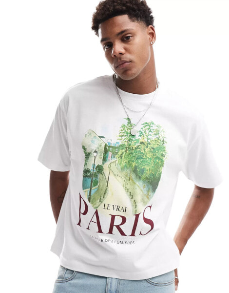 ASOS DESIGN boxy relaxed t-shirt with paris front print in white