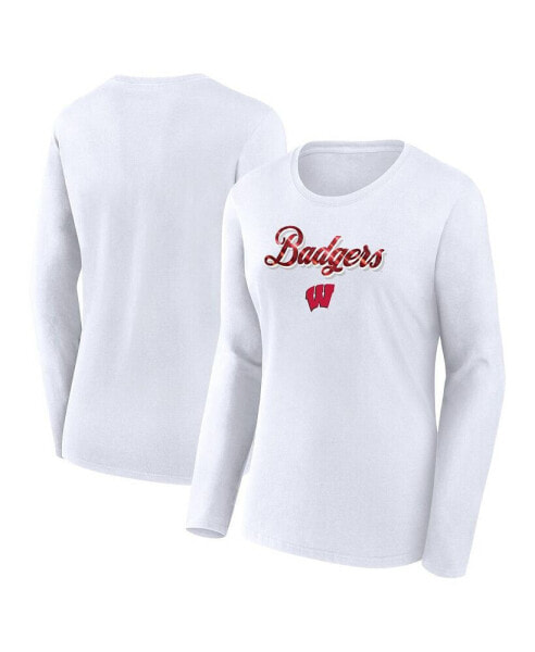 Women's White Wisconsin Badgers Double Team Script Long Sleeve T-shirt