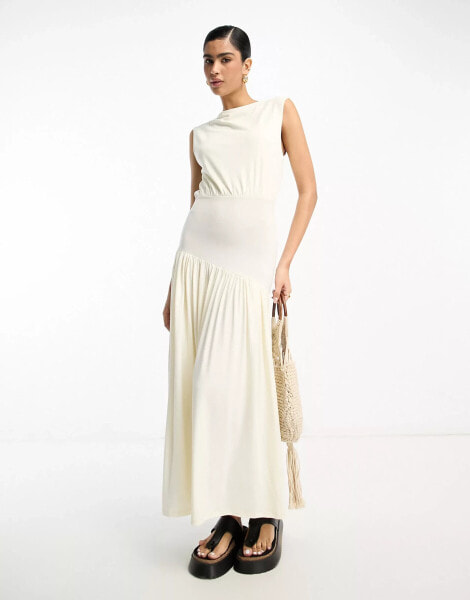 ASOS DESIGN drape midi dress with asymetric waist band in cream