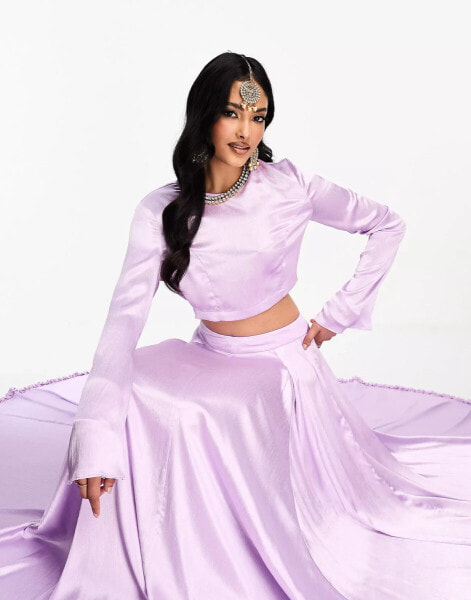 Kanya London Bridesmaid Lehenga long sleeve crop top in lavender lilac