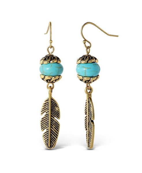 Womens Turquoise Bead Feather Drop Earrings - Oxidized Gold-Tone or Silver-Tone Turquoise Earrings
