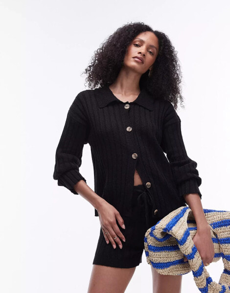 Topshop knitted co-ord button through ribbed shirt in black