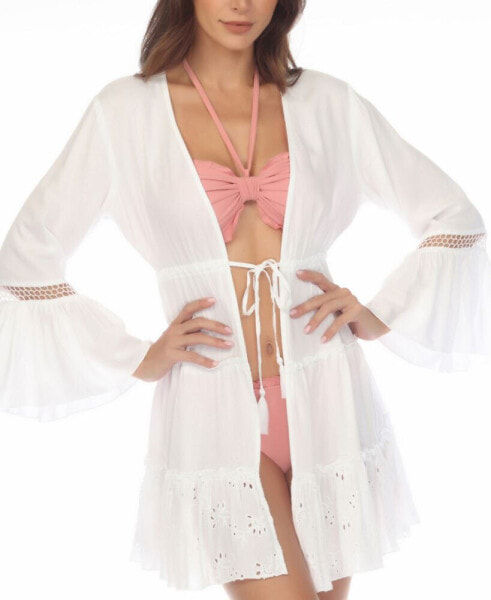 Women's Lace-Inset Tie-Front Tiered Swim Cover-Up