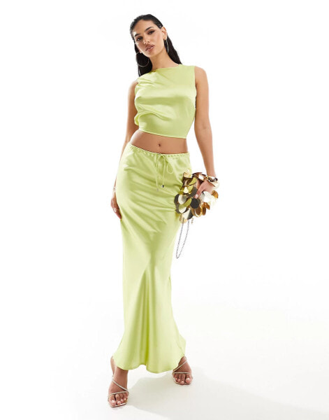 Kaiia satin drawstring maxi skirt co-ord in lime