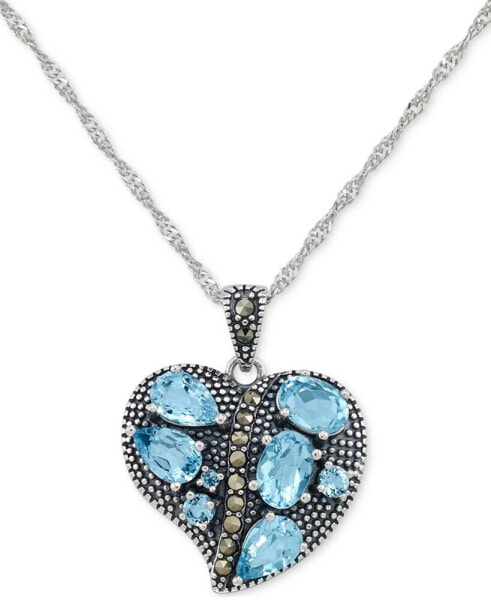 Blue Topaz (2-1/10 ct. t.w.) & Marcasite Heart Cluster 18" Pendant Necklace in Sterling Silver