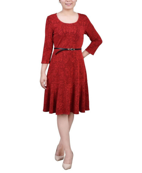 Women's 3/4 Sleeve Jacquard Ponte Belted Dress