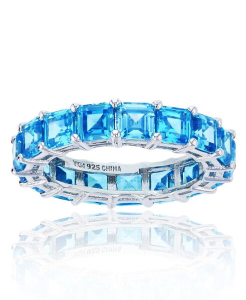 Blue Princess Cut Cubic Zirconia Eternity Band in Rhodium Plated Sterling Silver