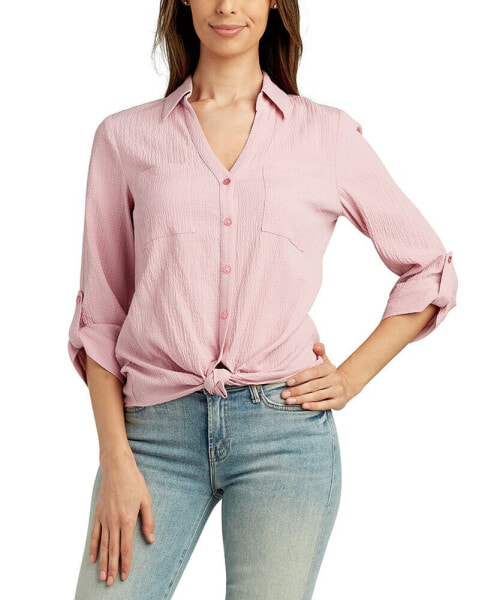 Juniors' Roll-Sleeve Tie-Front Button-Up Blouse