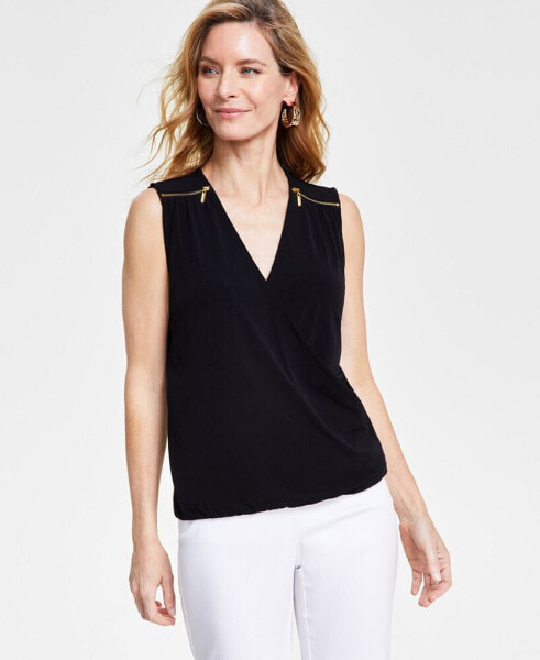 Women's Sleeveless Zip-Shoulder Surplice Blouse, Created for Macy's