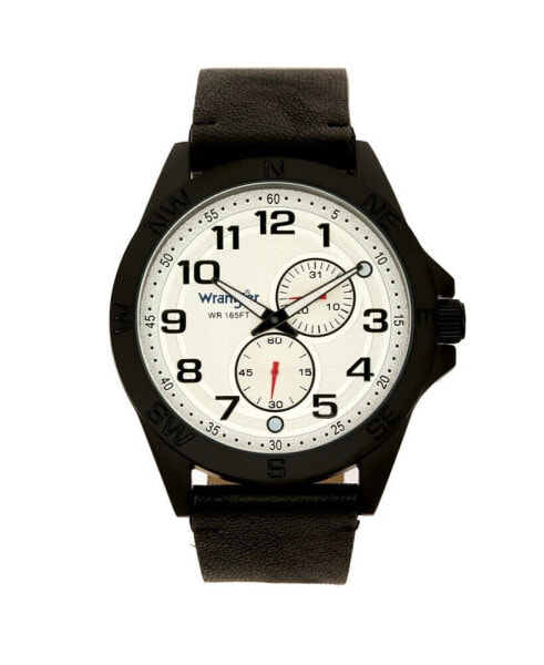 Men's Watch, 48MM Black Case, Compass Directions on Bezel, White Dial, Black Arabic Numerals, Multi-Function Date and Second Hand Subdials, Black Strap