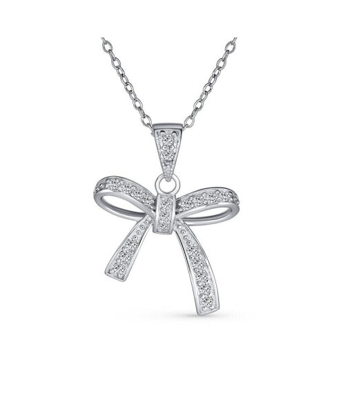 Dainty Romantic Bridal Wedding Clear Cubic Zirconia Pave CZ Station Holiday Present Ribbon Bow Pendant Necklace For Women For Teen Sterling Silver