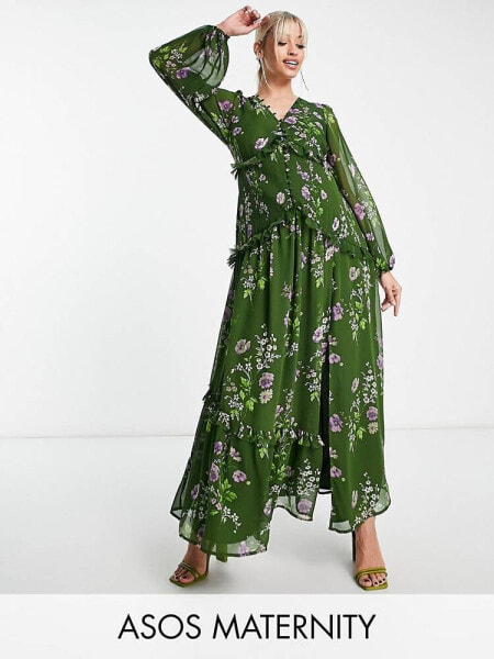 ASOS DESIGN Maternity button through pintuck maxi dress in green floral print