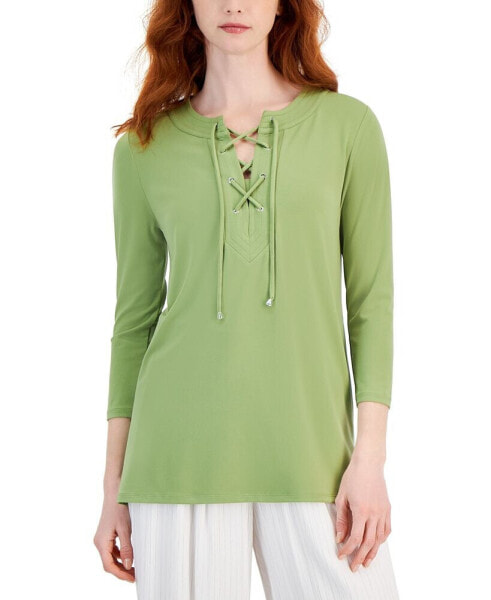 Women's Solid 3/4 Sleeve Lace-Up Knit Top, Created for Macy's