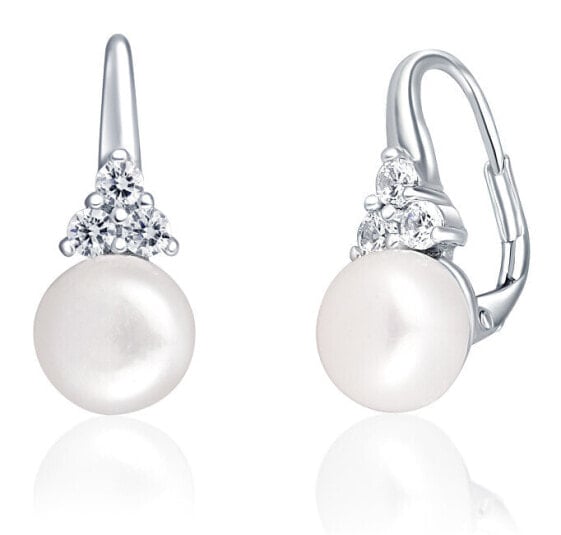 Luxury silver earrings with real pearl and zircons JL0641