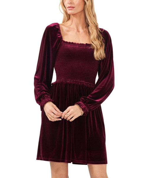 Women's Velvet Smocked Bodice Long Sleeve Dress