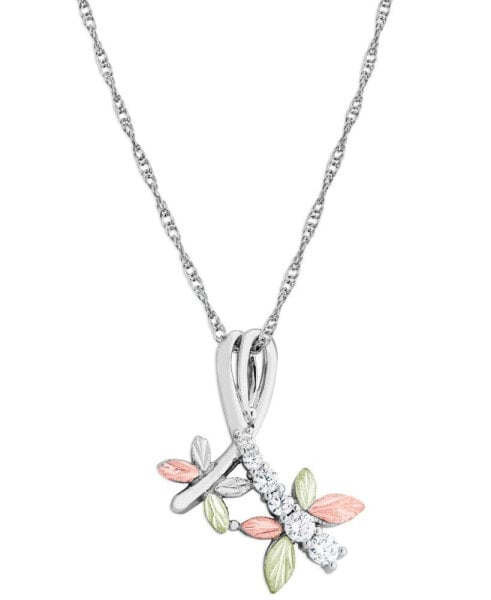 Black Hills Gold cubic Zirconia Dragonfly Pendant 18" Necklace in Sterling Silver with 12K Rose and Green Gold