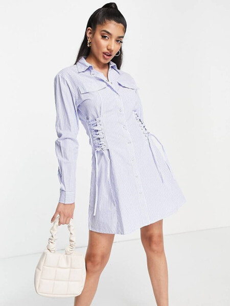 Pimkie long sleeve button down poplin shirt dress in blue and white strips